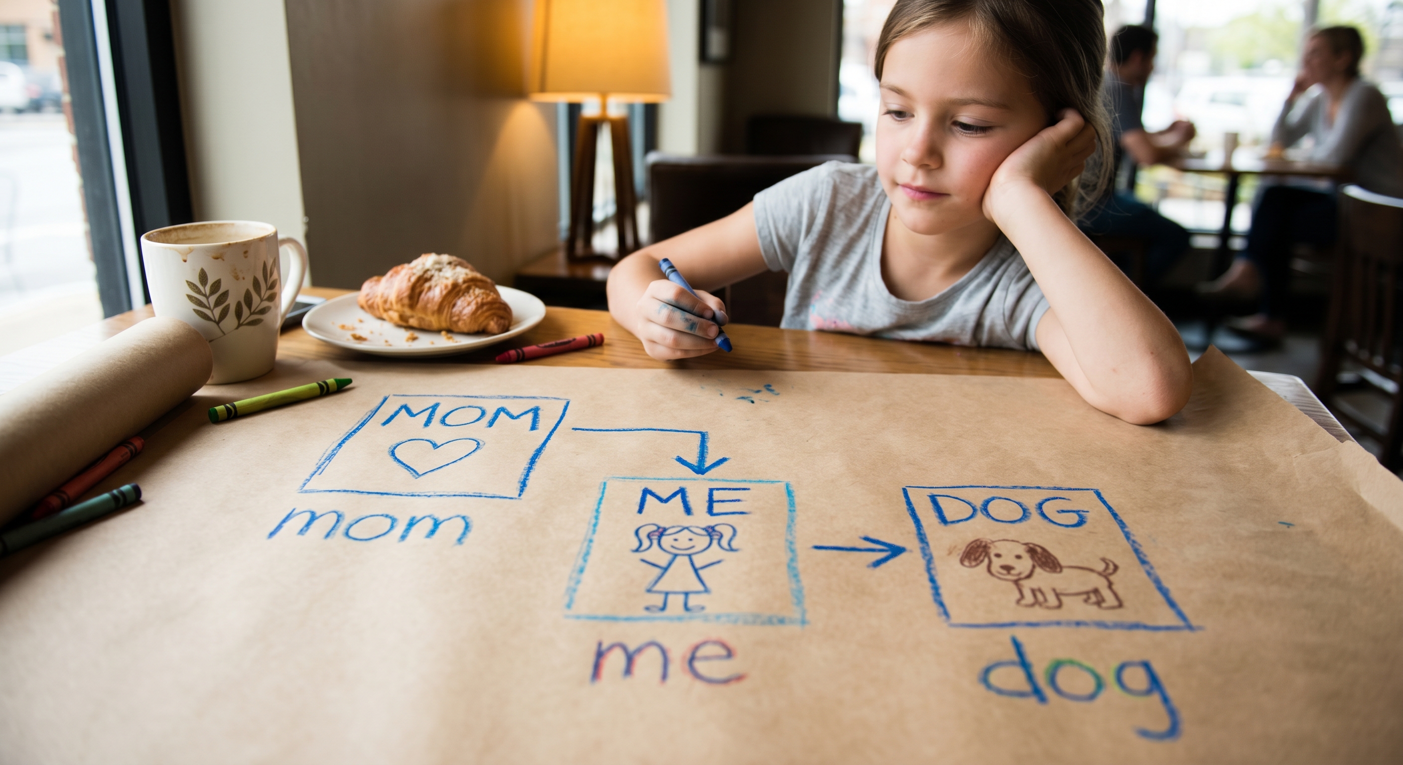 She draws a box. Labels it me. Draws another box — mom. Draws a line between them. Thinks for a second, draws an arrow on the line. Points from mom to her. Draws a third box — dog — and a line from her to the dog. Sits back, satisfied. She has explained something. The diagram is complete. Nobody taught her this. She didn't learn the words for it — object, relationship, directed graph. She learned that you can draw a thing, draw another thing, and draw what goes between them, and that this, somehow, is enough to say almost anything. That you can keep going. Boxes inside boxes. Lines between lines. The whole world fits on a coffee shop table if you have enough crayons. (Note: The irony that the lines on the original image Nano Banana created were pointing the wrong way is an example of the confusion of going from text to models...)